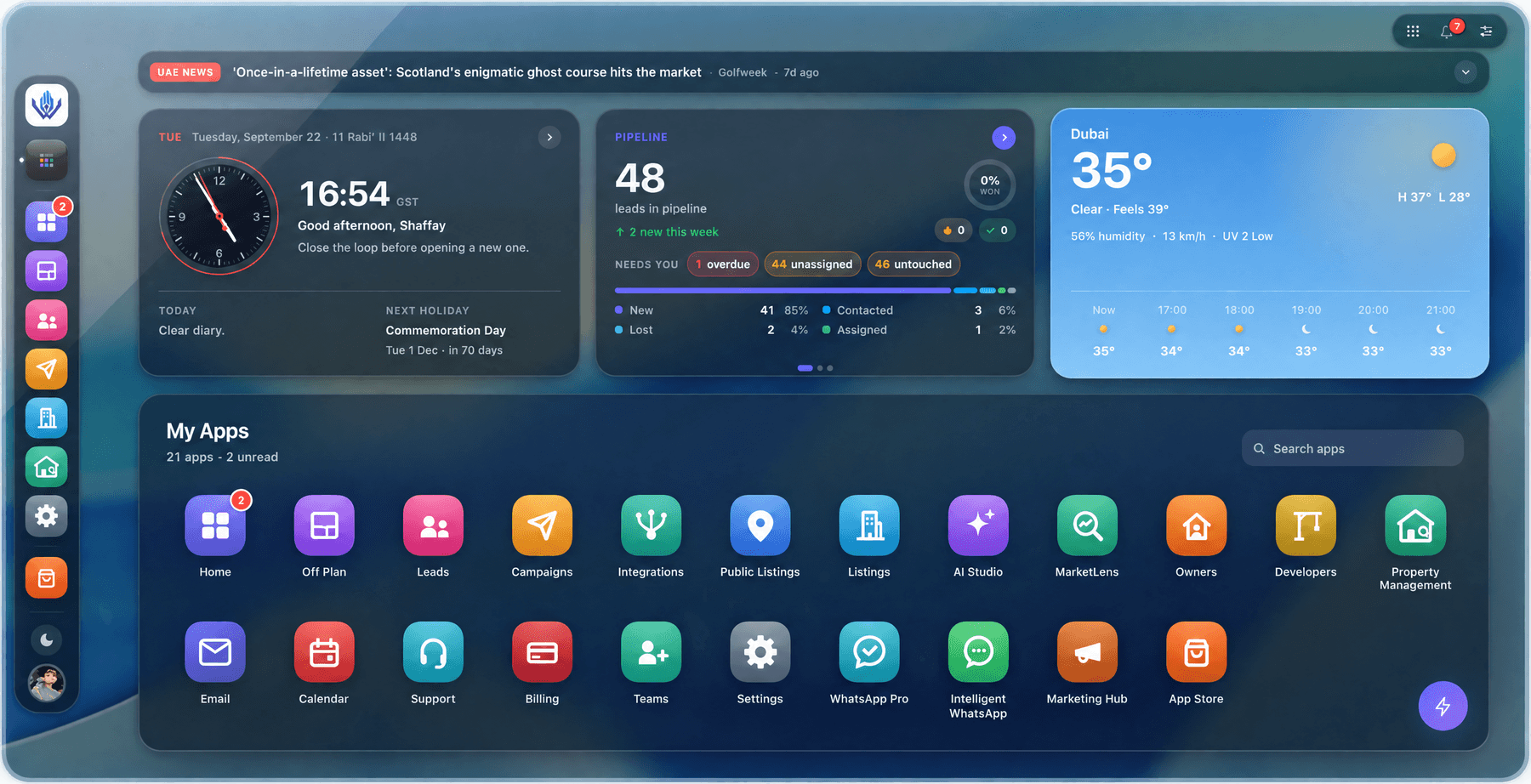 The WIYO dashboard: today's diary, live pipeline, Dubai weather, and the WIYO apps — Off Plan, Leads, Campaigns, Integrations, Public Listings, AI Studio, MarketLens, Owners, Developers, Property Management, WhatsApp Pro and more.